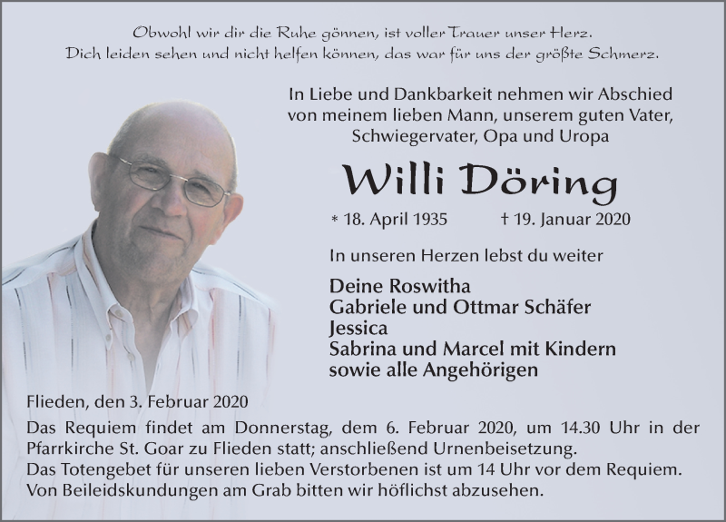  Traueranzeige für Willi Döring vom 03.02.2020 aus FZ