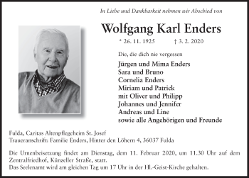 Traueranzeige von Wolfgang Karl Enders von FZ