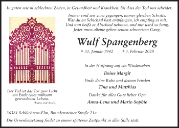 Traueranzeige von Wulf Spangenberg von FZ