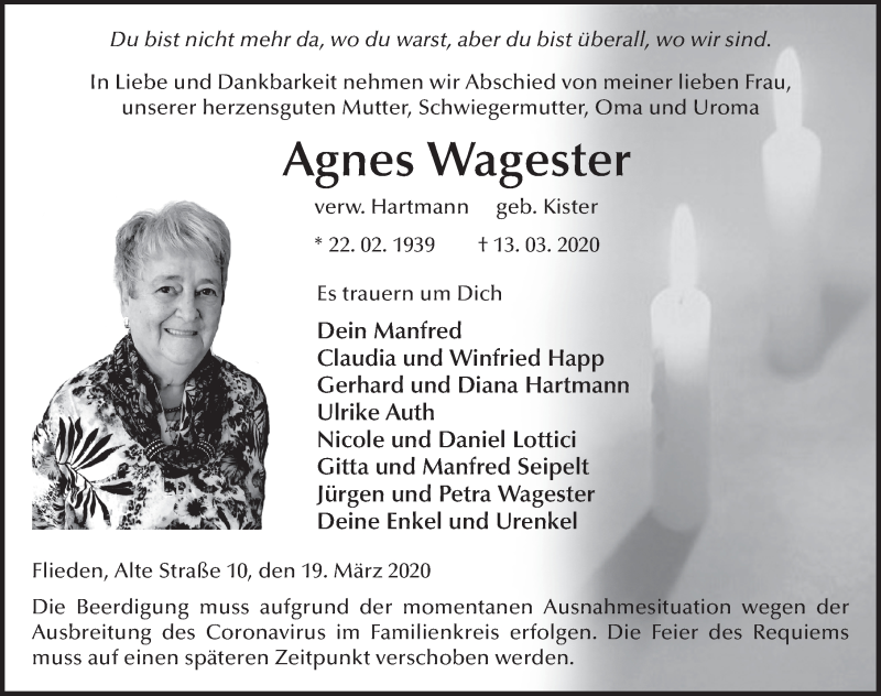  Traueranzeige für Agnes Wagester vom 19.03.2020 aus FZ
