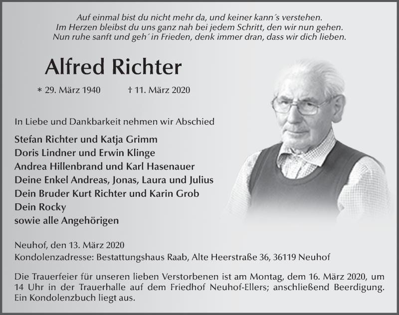  Traueranzeige für Alfred Richter vom 13.03.2020 aus FZ