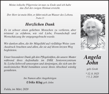 Traueranzeige von Angela John von FZ