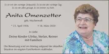 Traueranzeige von Anita Omenzetter von FZ