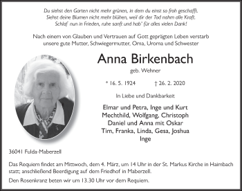 Traueranzeige von Anna Birkenbach von FZ