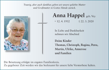 Traueranzeige von Anna Happel von FZ