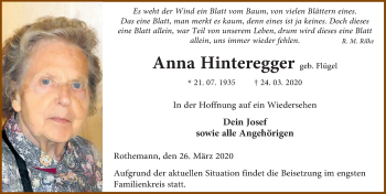 Traueranzeige von Anna Hinteregger von FZ