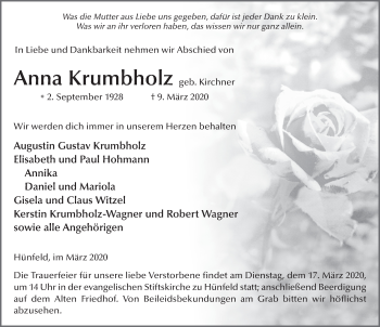 Traueranzeige von Anna Krumbholz von FZ