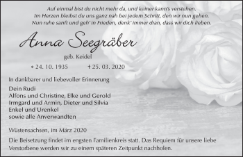 Traueranzeige von Anna Seegräber von FZ
