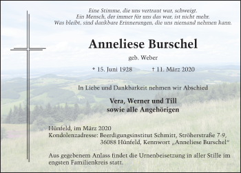 Traueranzeige von Anneliese Burschel von FZ