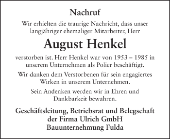 Traueranzeige von August Joseph Henkel von FZ