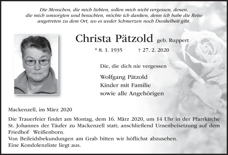  Traueranzeige für Christa Pätzold vom 12.03.2020 aus FZ