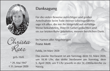 Traueranzeige von Christa Ratz von FZ