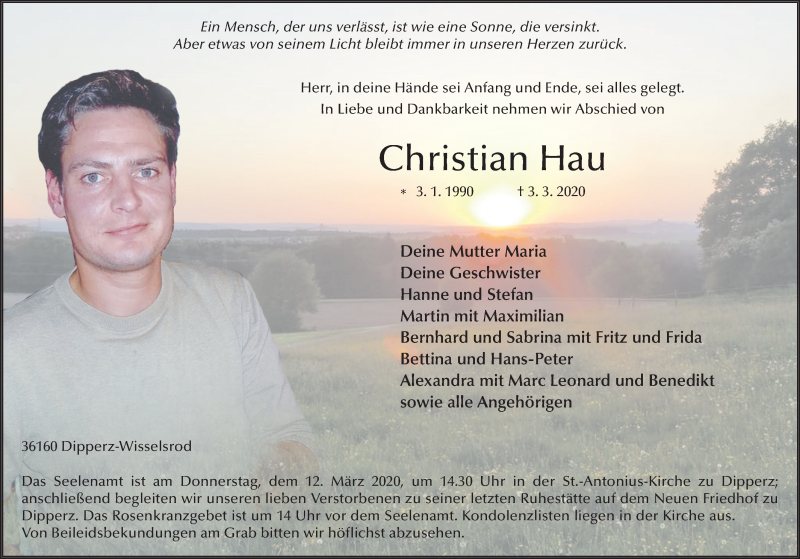  Traueranzeige für Christian Hau vom 10.03.2020 aus FZ