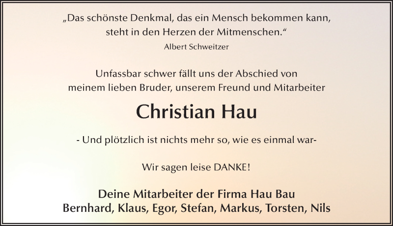  Traueranzeige für Christian Hau vom 10.03.2020 aus FZ