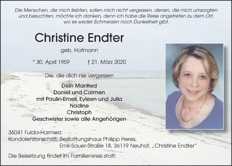  Traueranzeige für Christine Endter vom 25.03.2020 aus FZ