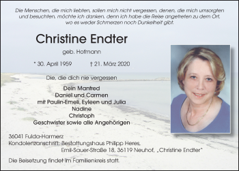 Traueranzeige von Christine Endter von FZ