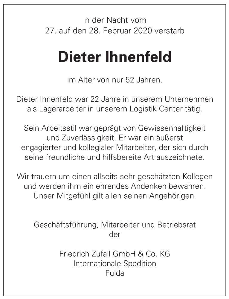  Traueranzeige für Dieter Ihnenfeld vom 07.03.2020 aus FZ