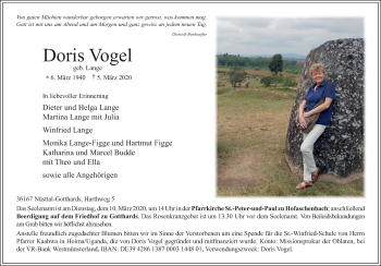 Traueranzeige von Doris Vogel von FZ