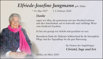 Traueranzeige von Elfriede-Josefine Jungmann von FZ