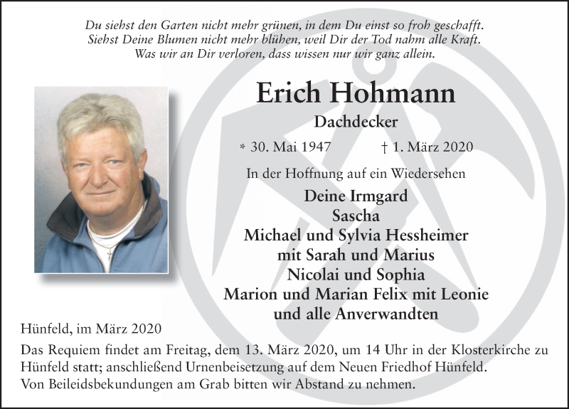  Traueranzeige für Erich Hohmann vom 11.03.2020 aus FZ