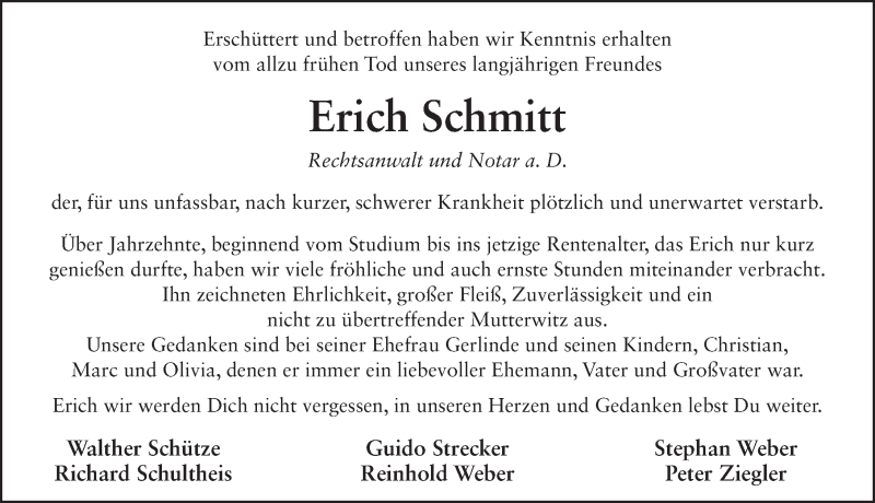  Traueranzeige für Erich Schmitt vom 03.03.2020 aus FZ