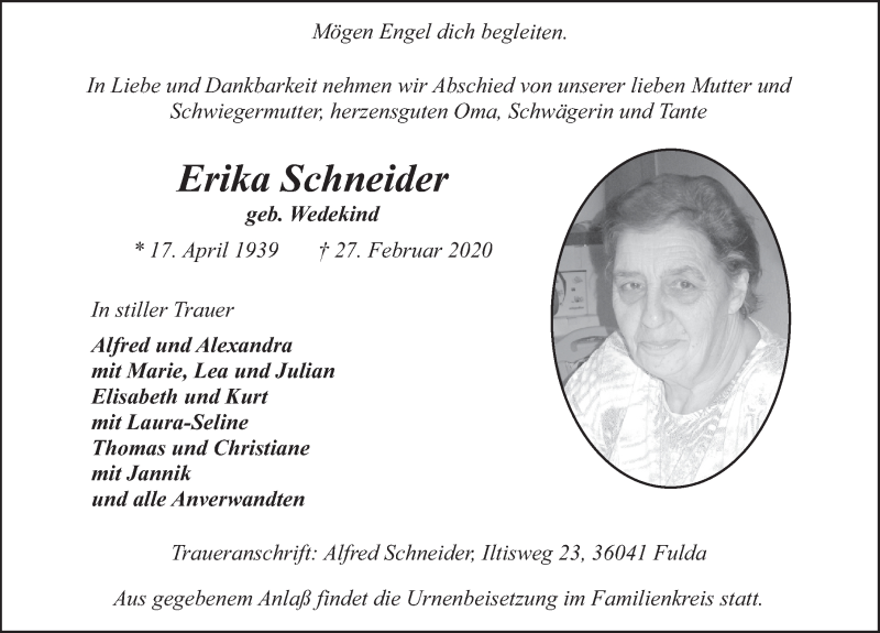  Traueranzeige für Erika Schneider vom 21.03.2020 aus FZ