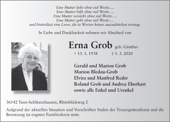 Traueranzeige von Erna Grob von FZ