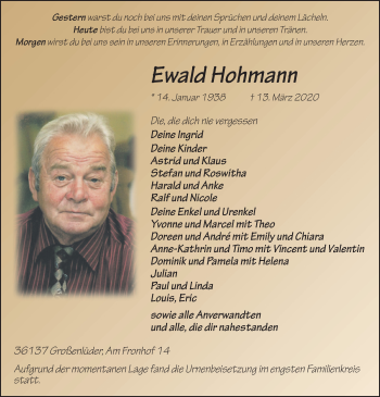 Traueranzeige von Ewald Hohmann von FZ
