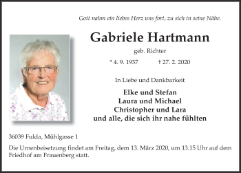 Traueranzeige von Gabriele Hartmann von FZ