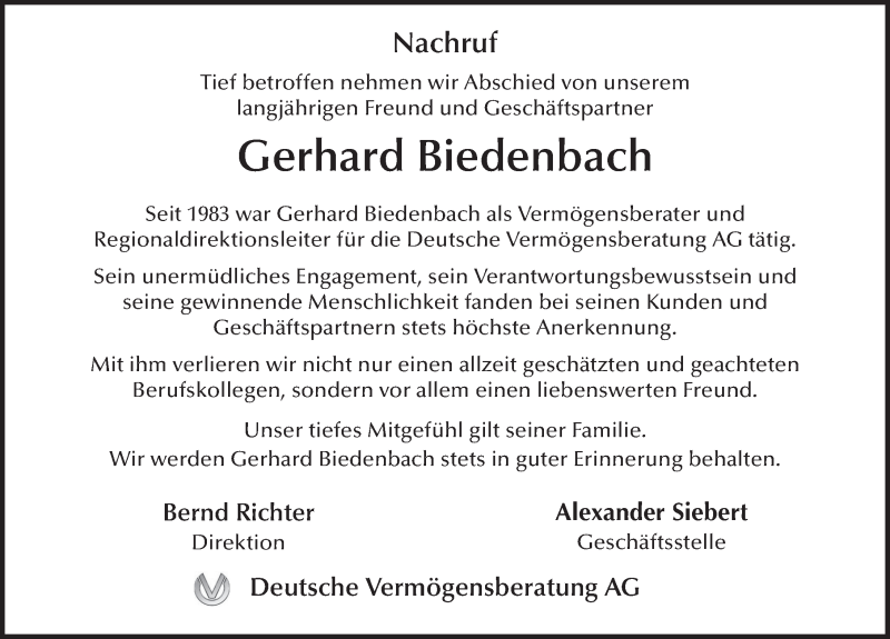  Traueranzeige für Gerhard Biedenbach vom 14.03.2020 aus FZ