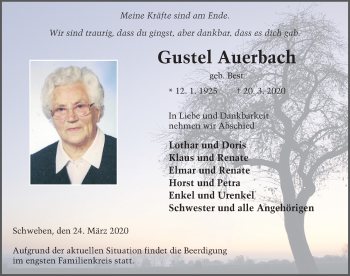Traueranzeige von Gustel Auerbach von FZ