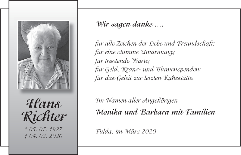  Traueranzeige für Hans Richter vom 07.03.2020 aus FZ