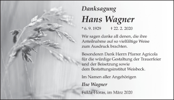 Traueranzeige von Hans Wagner von FZ