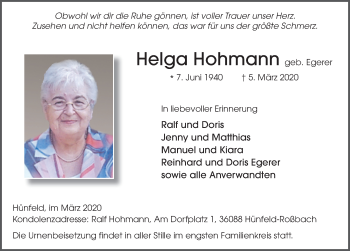 Traueranzeige von Helga Hohmann von FZ