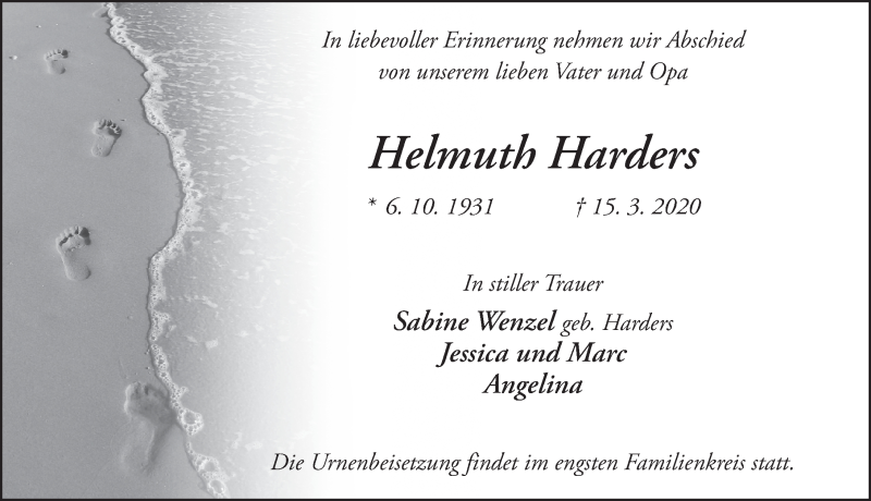  Traueranzeige für Helmuth Harders vom 19.03.2020 aus FZ