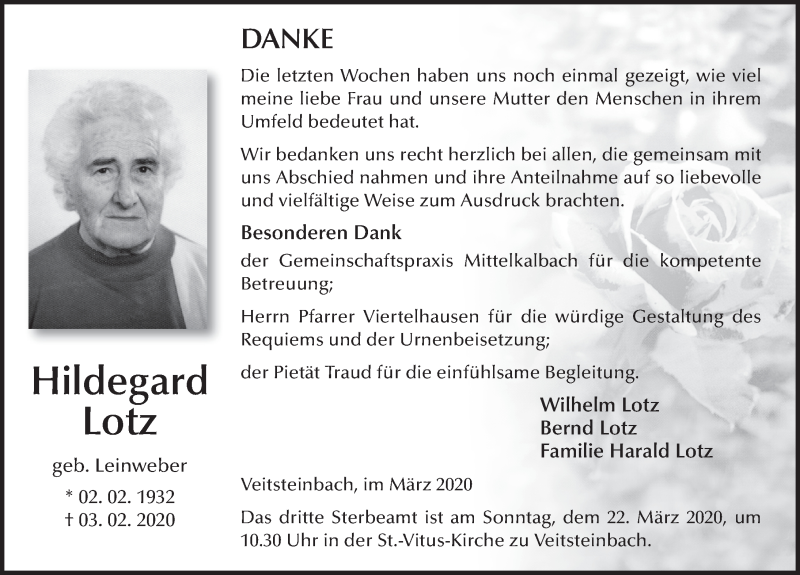  Traueranzeige für Hildegard Lotz vom 14.03.2020 aus FZ