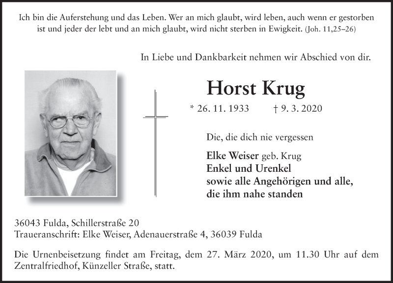  Traueranzeige für Horst Klug vom 24.03.2020 aus FZ