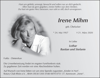 Traueranzeige von Irene Mihm