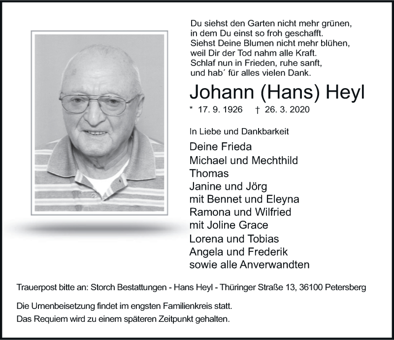  Traueranzeige für Johann Heyl vom 31.03.2020 aus FZ