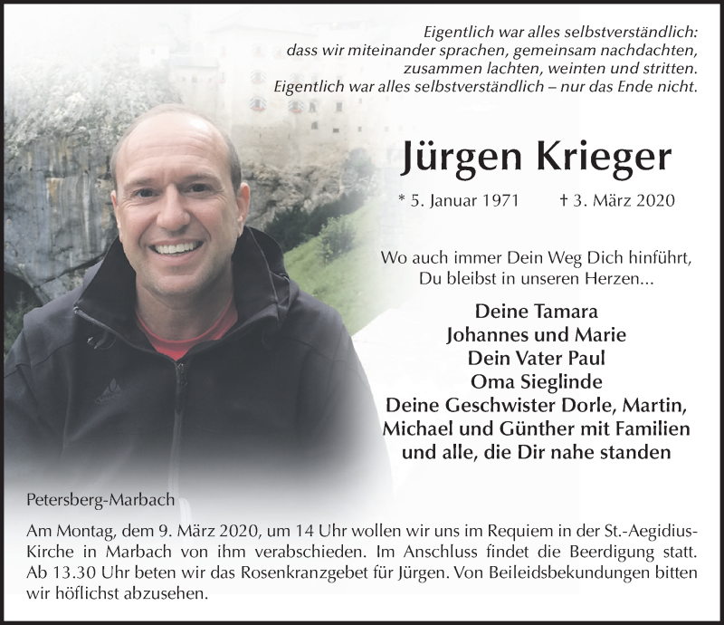  Traueranzeige für Jürgen Krieger vom 06.03.2020 aus FZ