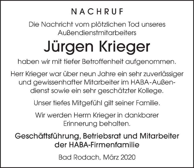  Traueranzeige für Jürgen Krieger vom 09.03.2020 aus FZ