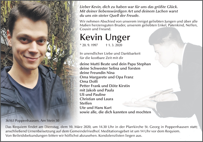  Traueranzeige für Kevin Unger vom 07.03.2020 aus FZ