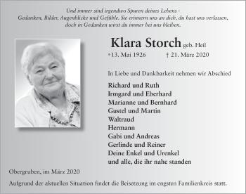 Traueranzeige von Klara Storch von FZ
