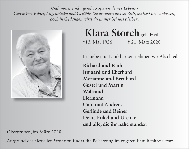  Traueranzeige für Klara Storch vom 24.03.2020 aus FZ
