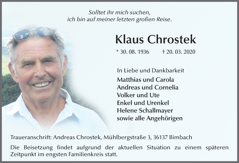  Traueranzeige für Klaus Chrostek vom 25.03.2020 aus FZ