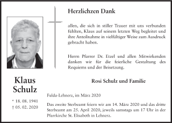 Traueranzeige von Klaus Schulz von FZ
