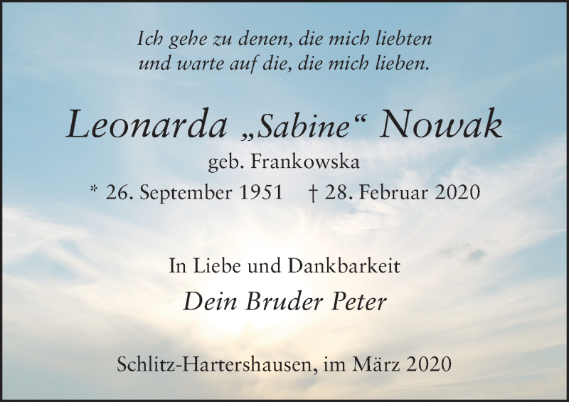  Traueranzeige für Leonarda Nowak vom 07.03.2020 aus FZ