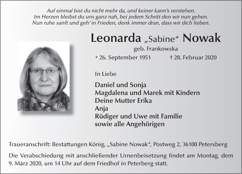  Traueranzeige für Leonarda Nowak vom 06.03.2020 aus FZ