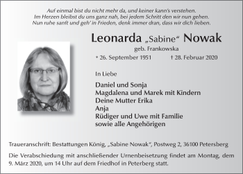 Traueranzeige von Leonarda Nowak von FZ