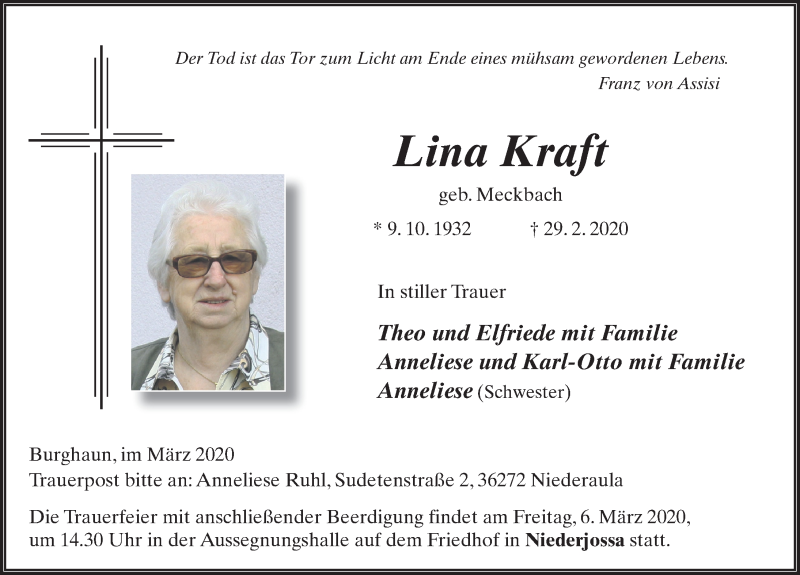  Traueranzeige für Lina Kraft vom 04.03.2020 aus FZ